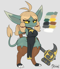 accessory anthro armwear big_breasts big_butt black_armwear black_clothing black_dress black_eyes black_legwear black_stockings blonde_hair braided_hair breasts butt claws clothed clothed_female clothed_humanoid clothing cute_fangs dress fangs female female_humanoid finger_claws frown fur green_body green_skin hair hair_accessory hairband half-closed_eyes hammer huge_butt huge_thighs legwear narrowed_eyes pigtails shortstack shortstack_female solo stockings teeth thick_thighs tools warhammer white_claws wide_hips yellow_body yellow_fur yellow_sclera miso_souperstar maddox_(miso_souperstar) goblin humanoid imp 2025 absurd_res digital_media_(artwork) hi_res