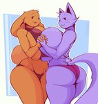 anthro big_breasts big_butt blep breast_squish breasts breasts_frottage brown_body brown_fur butt cleavage clothed clothing duo female female/female fur hand_holding huge_breasts hyper hyper_breasts purple_body squish tongue tongue_out bloobiesus kit_(bloobiesus) mel_(bloobiesus) domestic_cat felid feline felis lagomorph leporid mammal rabbit