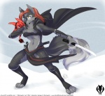 action_pose anthro armband armor assassin breasts cape clothing duo female footwear fur grey_body grey_fur hair holding_melee_weapon holding_object holding_sword holding_weapon katana larger_female legwear long_hair melee_weapon membrane_(anatomy) membranous_wings micro ninja ponytail pose red_hair sash scar shoes size_difference socks standing sword tail toeless_footwear toeless_socks wakizashi warrior weapon wings yellow_eyes luckypan mita mythology fatecoyote canid canine canis coyote dragon fox furred_dragon furred_scalie hybrid mammal mythological_creature mythological_scalie scalie