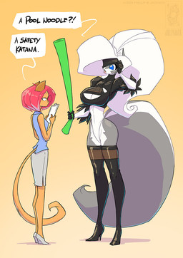 anthro boots clipboard clothing dialogue duo eyewear female footwear glasses high_heeled_boots high_heels legwear shoes speech_bubble tail text thigh_boots thigh_highs conditional_dnp jollyjack chloe_sinclaire maxine_maxine domestic_cat felid feline felis mammal mephitid skunk 2025 english_text