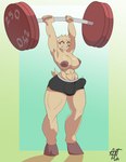 abs anthro areola biceps big_breasts big_muscles breasts brown_areola bulge cheek_tuft clothed clothing deadlift detailed_bulge exercise exercise_equipment eyelashes facial_tuft female fur genital_outline gynomorph hair holding_object holding_weights hooves horn huge_muscles hyper hyper_muscles intersex muscular muscular_anthro muscular_female muscular_gynomorph muscular_intersex muscular_thighs nipples partially_clothed penis_outline short_hair short_horn simple_background small_horn smile tail tan_body tan_fur tuft underwear underwear_only weightlifting workout yellow_eyes artpunishment hanna_(wendigoinabox) bovid caprine goat mammal rocky_mountain_goat hi_res