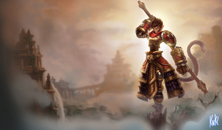 anthro armor boots bridge brown_body brown_fur brown_hair building clothing day footwear fur hair holding_object holding_staff looking_up male on_one_leg outside shoes smile solo staff standing tail yellow_eyes kienan_lafferty league_of_legends riot_games tencent wukong_(lol) haplorhine mammal monkey primate 2011 digital_media_(artwork) hi_res official_art