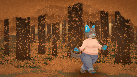 anthro autumn blush bulge clothed clothing detailed_background falling_leaves forest gynomorph intersex leaf outside plant shortstack shortstack_gynomorph shortstack_intersex smile solo tree psychoticwalrus jack_(psychoticwalrus) canid canine canis mammal wolf 16:9 2022 4k absurd_res digital_media_(artwork) hi_res widescreen