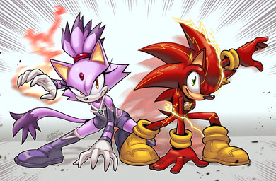 anthro clothing cosplay crossover_cosplay duo electricity elemental_manipulation female fire fire_manipulation green_eyes hair hero heroic_pose looking_at_viewer male male/female ponytail princess royalty suit superhero superhero_costume yellow_eyes lemon_eyebrows dc_comics sega sonic_the_hedgehog_(series) teen_titans blaze_the_cat sonic_the_hedgehog starfire_(teen_titans) the_flash domestic_cat eulipotyphlan felid feline felis hedgehog mammal absurd_res crossover hi_res