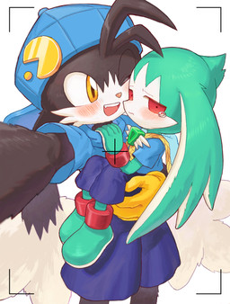 aged_down anthro black_body black_fur blue_clothing blue_shirt blue_topwear blush bodily_fluids bottomwear carrying_another clothing crying duo fangs fur gloves green_body green_fur handwear kemono male male/male open_mouth red_eyes selfie shirt shorts simple_background tears teeth topwear white_background yellow_clothing yellow_eyes yellow_gloves yellow_handwear young young_anthro young_male amber_graygamma bandai_namco klonoa_(series) king_of_sorrow klonoa 2023 hi_res japanese_description