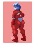 anthro big_butt blue_body blue_eyes blue_hair boots butt butt_outline clothing femboy fluffy fluffy_tail footwear gloves hair handwear huge_butt huge_thighs jumpsuit logo_on_clothing looking_at_viewer looking_back male rabbit_ears shoes short_tail simple_background solo standing tail text text_on_clothing thick_thighs conditional_dnp suirano akira_(film) brady_conner_(character) lagomorph leporid mammal rabbit 2024 hi_res watermark