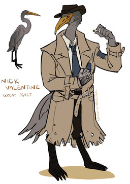 accessory anthro avian_feet beak black_legs blue_necktie cigarette clothed clothing coat collared_shirt cybernetic_hand cybernetics feathers fedora fully_clothed grey_body grey_feathers hat headgear headwear holding_cigarette holding_object machine male necktie orange_beak shirt simple_background solo standing text topwear trenchcoat wearing_hat white_background drvoidiguana fallout microsoft nick_valentine_(fallout) avian bird great_egret great_heron heron pelecaniform artist_name english_text