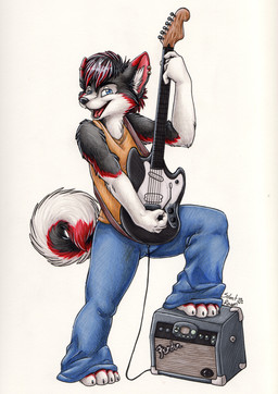 amplifier anthro blue_eyes bottomwear clothing denim denim_bottomwear denim_clothing electric_guitar guitar happy holding_guitar holding_musical_instrument holding_object jeans musical_instrument pants playing_guitar playing_music plucked_string_instrument simple_background solo string_instrument white_background unknown_artist fender_musical_instruments_corporation canid canine canis domestic_dog husky mammal nordic_sled_dog spitz signature