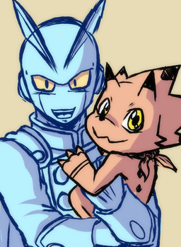 anthro cape claws clothing duo horn hug kerchief machine male size_difference superhero curizzu_1311 bandai_namco digimon digimon_ghost_game dragon_ball dragon_ball_super gamma_no.2 android digimon_(species) gammamon humanoid robot scalie absurd_res hi_res