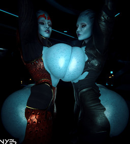 big_breasts big_butt blue_body blue_skin bodysuit breast_squish breasts breasts_frottage butt clothing duo female female/female huge_breasts huge_butt looking_at_viewer pseudo_hair skinsuit squish tentacle_hair tentacles thick_thighs tight_clothing torn_bodysuit torn_clothing torn_skinsuit nyes bioware electronic_arts mass_effect morinth samara alien asari humanoid 3d_(artwork) digital_media_(artwork) hi_res