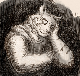 anthro arm_support clothed clothed_anthro clothed_male clothing ears_up eyebrows eyes_closed fur leaning leaning_forward leaning_on_elbow male shirt sleeping solo stripes tank_top topwear white_body white_fur reynard_goodfellow felid mammal pantherine tiger