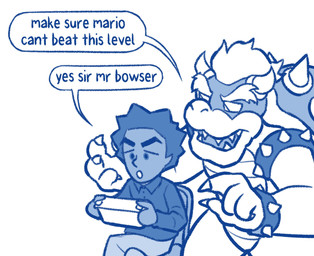 2_horns anthro biped chair claws clothed clothing dialogue duo furniture hair horn looking_at_another male sharp_teeth shell simple_background sitting snout speech_bubble spiked_shell spikes spikes_(anatomy) talking_to_another teeth text three-quarter_view white_background edmendozaart mario_bros nintendo nintendo_switch super_mario_maker bowser ethan_(mii) human koopa mammal mii scalie 2022 digital_drawing_(artwork) digital_media_(artwork) english_text hi_res monochrome