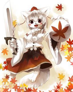 4_fingers 4_toes alternate_species anthro anthrofied armwear asian_clothing barefoot biped blush bottomwear breasts clothed clothing detached_sleeves east_asian_clothing feet female fingers fluffy fluffy_tail front_view fully_clothed fur hair hat headgear headwear holding_melee_weapon holding_object holding_sword holding_weapon japanese_clothing kemono leaf looking_at_viewer melee_weapon miko_outfit nipple_outline open_mouth shield short_hair skirt smile solo sword tail toes tokin_hat tongue weapon white_body white_fur white_hair kishibe touhou momiji_inubashiri canid canine canis mammal wolf 2008 4:5 japanese_description