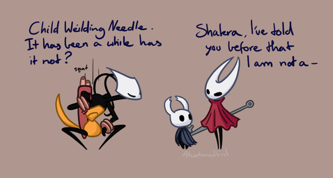 ambiguous_gender anthro arthropod_abdomen biped crouching dialogue female group height_teasing question_mark simple_background text atwotonedbird hollow_knight:_silksong hollow_knight_(franchise) team_cherry hornet_(hollow_knight) shakra_(hollow_knight:_silksong) the_knight_(hollow_knight) arachnid arthropod insect spider vessel_(species) 2025 english_text
