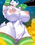 2021 anthro anus areola armwear ashraely asriel_dreemurr big_breasts black_eyes blush boss_monster_(undertale) bottomless bovid breasts butt butt_from_the_front caprine chest_tuft clothed clothing crossgender dialogue_box digital_media_(artwork) elbow_gloves english_text female fur genitals gloves green_armwear green_clothing green_elbow_gloves green_gloves green_handwear green_legwear green_stockings half-closed_eyes hands_behind_head handwear head_tuft hi_res horn huge_breasts innie_pussy latex legwear looking_away low-angle_view mammal mostly_nude mtf_crossgender narrowed_eyes navel nipples open_mouth partially_clothed pattern_armwear pattern_clothing pattern_elbow_gloves pattern_gloves pattern_handwear pattern_legwear pattern_stockings pink_areola pink_nipples pose pussy scut_tail shaded short_tail solo standing stockings striped_armwear striped_clothing striped_elbow_gloves striped_gloves striped_handwear striped_legwear striped_stockings stripes tail text thick_thighs thigh_highs tongue topless tuft undertale undertale_(series) white_body white_fur