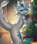 anthro blue_body blue_eyes blue_fur blue_horn blue_markings christmas_decorations christmas_tree fireplace fur gift holidays horn looking_at_viewer male markings plant solo tree min_furry christmas mythology dragon furred_dragon furred_scalie mythological_creature mythological_scalie scalie 5:6 absurd_res hi_res