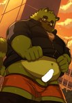 anthro balls belly big_belly black_nose blush bottomwear bottomwear_down clothed clothing detailed_background erection eyewear genitals glasses green_body kemono male outside overweight overweight_male pants pants_down partially_clothed penis solo underwear hisbam_hisbam canid canine mammal raccoon_dog tanuki 2023 censored hi_res