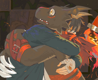 3_claws abstract_background arms_around_back bandage bandage_on_face bandage_on_nose bandaged_hand belly belt belt_accessory belt_buckle black_body black_hair blood blue_clothing blue_jacket blue_topwear bodily_fluids buckle claws clothing duo eyes_closed fire flaming_tail frown hair head_wings hug jacket kerchief male male/male markings neckerchief neckwear open_mouth red_kerchief red_markings red_neckerchief tail tears teeth teeth_showing tongue topwear unusual_wing_placement white_belly white_claws white_eyes wide_eyed wings yellow_eyes guil87645127 bandai_namco digimon fakemon blackguilmon digimon_(species) guilmon human mammal hi_res