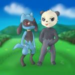 anthro balls blush cloud convenient_censorship duo fig_leaf fur genitals hair leaf leaf_censor looking_at_viewer male nude outside sky smile tongue young zeklullaby nintendo pokemon canid canine generation_4_pokemon generation_6_pokemon mammal pancham pokemon_(species) riolu 1:1 2014 digital_media_(artwork) hi_res