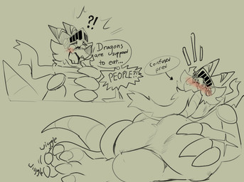 3_fingers 3_toes abdominal_bulge anthro armor blush duo feet fingers head_first headgear helmet lying male on_side oral_vore overwhelmed pear-shaped_figure scarf speech_bubble toe_wiggle toes unwilling_pred vore wide_hips kingkuga bandai_namco digimon mythology grahm_(kingkuga) digimon_(species) dragon mythological_creature mythological_scalie scalie