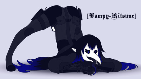 animal_mask ass_up beak_mask bible_(object) black_sclera black_tongue blue_highlights bodysuit book boots clothing female footwear gloves gun hair handgun handwear highlights_(coloring) humanoid_pointy_ears jack-o'_pose legwear leotard long_hair long_tongue mask mask_face pistol pointy_ears pose ranged_weapon shoes skinsuit smile solo thigh_boots thigh_highs tight_clothing tongue waist_bag weapon vampykitsune ileyna_belavezda_(vampykitsune) ghoul humanoid undead 16:9 absurd_res hi_res widescreen