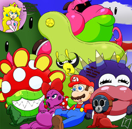 big_butt bow_ribbon butt clothing crown facial_hair female feral group headgear lips male mask mustache overalls plant size_difference text thick_lips thick_thighs yux mysterywhiteflame mario_bros nintendo birdo_(character) mario petey_piranha princess_peach yoob alien aquatic birdo dinosaur fish human humanoid mammal porcupuffer prehistoric_species pufferfish reptile scalie snifit tetraodontiform absurd_res english_text hi_res