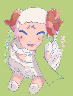 anthro blush chibi cupping_cheek disembodied_hand duo fur horn male text wool_(fur) isshon animal_crossing nintendo dom_(animal_crossing) bovid caprine mammal sheep hi_res japanese_text