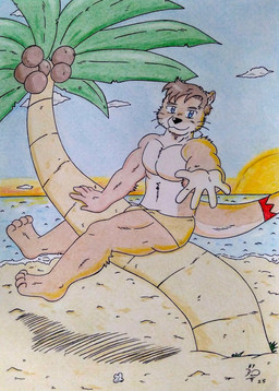 anthro barazoku beach black_nose blue_eyes brown_body brown_fur brown_hair bulge clothing coconut drupe_(fruit) food fruit fur hair inviting inviting_viewer island looking_at_viewer male markings multicolored_body multicolored_fur muscular muscular_anthro muscular_arms muscular_legs muscular_male otter_tail palm_tree pecs plant sand sea seaside tail tail_markings thick_tail tree underwear water dashthefox kai_(dash_fox) mammal mustelid otter 2025 absurd_res colored_pencil_(artwork) hi_res traditional_media_(artwork)