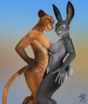 amber_eyes anthro areola athletic breasts claws duo female fur navel nipples nude predator/prey simple_background thirteeenth jorie_(thirteeenth) felid lagomorph leporid lion mammal pantherine rabbit 3d_(artwork) digital_media_(artwork)