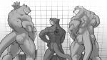 anthro back_muscles bathroom butt group hair male muscular muscular_male nude penis_envy public_restroom smile standing toilet_use urinal urinal_peeking echin mammal mustelid otter greyscale monochrome