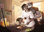 abs anthro bacon black_hair bottomless bottomwear breakfast brown_body brown_fur clothed clothing cooking detailed_background duo female food fried_egg fur grey_body grey_fur hair hug kissing kitchen male meat morning muscular muscular_anthro muscular_male nipples oversized_clothing oversized_shirt oversized_topwear shirt shirt_only short_hair shorts shorts_only smile standing topless topwear topwear_only ansart arcori zoe_(arcori) canid canine canis mammal wolf digital_media_(artwork)