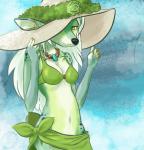 anthro bikini bottomwear breasts cleavage clothed clothing female fur green_bikini_top green_body green_bottomwear green_clothing green_fur green_topwear hair hat headgear headwear looking_at_viewer navel sarong side-tie_bottomwear smile solo sun_hat swimwear tan_headwear topwear two-piece_swimsuit white_hair cainethelongshot serena_(colormeviolet) deer mammal digital_media_(artwork) half-length_portrait hi_res portrait