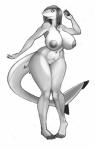 anthro big_breasts breasts christine_day curvy_figure featureless_crotch female fish full-length_portrait hair happy hi_res looking_at_viewer marine monochrome ndragon3 nipples non-mammal_breasts nude portrait pose shark simple_background smile solo standing thick_thighs voluptuous white_background wide_hips