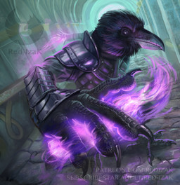 action_pose ambiguous_gender anthro armor beak black_body black_eyes black_feathers claws colored_fire feathers finger_claws fire inside magic pauldron pose purple_fire scuted_hands scuted_legs scutes solo stone_floor text toe_claws red-izak avian bird corvid corvus_(genus) oscine passerine raven ravenfolk hi_res shaded url watermark