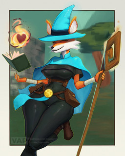 anthro belt big_butt black_bodysuit black_clothing black_nose black_skinsuit blue_cape blue_clothing bodysuit book breasts brown_clothing brown_footwear brown_shoes butt cape clothing crossgender day eyelashes eyes_closed female fire footwear fur hat headgear headwear heart_symbol holding_object holding_staff huge_hips magic_user multicolored_body multicolored_fur orange_body orange_ears orange_fur outside plant pose raised_leg shoes skinsuit small_waist smile solo staff thick_thighs three-quarter_view tight_clothing tree two_tone_body two_tone_fur two_tone_hat utility_belt white_body white_fur white_wristband wide_hips wizard_hat wristband vapnades megabonk fox_(megabonk) canid canine fox mammal 2025 4:5 digital_media_(artwork) hi_res watermark