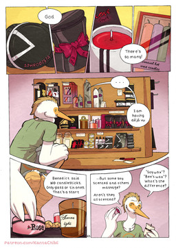 5_fingers anthro bottomwear candle clothed clothed_anthro clothed_male clothing dialogue feathers fingers humanoid_hands male page_number sex_shop shirt shorts solo speech_bubble store t-shirt text topwear unsure white_body white_feathers kantachibli phillip_(kantachibli) avian bird heron pelecaniform comic english_text hi_res url