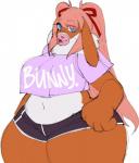2019 anthro belly big_breasts big_butt big_hands blowing_bubble_gum blue_eyes bottomwear breasts bubble bubble_gum butt candy clothed clothing crop_top curvy_figure dessert dewlap_(anatomy) digital_media_(artwork) domestic_rabbit eyelashes female flemish_giant food front_view fur gum hair hotpants inflating lagomorph leporid long_hair looking_at_viewer mammal midriff navel neck_tuft oryctolagus overweight pigtails pink_hair rabbit satanickpaws shirt shorts simple_background skimpy slightly_chubby tank_top thick_thighs tiffany_(whopperlopper) topwear tuft voluptuous white_background wide_hips