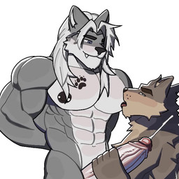 abs anthro blue_eyes bodily_fluids chest_tattoo cum duo ejaculation erection footprint foreskin genital_fluids genitals glans green_eyes hair handjob handjob_while_sucking humanoid_genitalia humanoid_penis long_hair male male/male muscular muscular_male nipple_fetish nipple_piercing nipple_play nipple_suck nipples pawprint pawprint_tattoo pecs penile penis piercing pink_glans sex standing sucking tattoo white_foreskin apzapuru mac_b._howlin ranok_(far_beyond_the_world) canid canine canis mammal wolf animated
