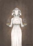 anthro belt bovid caprine clothing container cup curled_hair dress ears_down female goat greek_text hair holding_object horizontal_pupils horn humanoid_hands light_theme mammal mixed_media pivoted_ears pupils simple_background slit_pupils solo standing text translation_request vorndess white_clothing white_dress white_hair