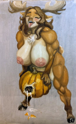 anthro antlers belly bodily_fluids breasts cum food fruit genital_fluids genitals gynomorph hooves horn intersex muscular penis plant pumpkin pumpkin_fucking solo dixxbedru deer mammal moose new_world_deer absurd_res hi_res oil_painting_(artwork) painting_(artwork) traditional_media_(artwork) traditional_painting_(artwork)