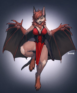 anthro bat_wings blood bodily_fluids breasts claws clothed clothing dress exposure_variation fangs female fur looking_at_viewer membrane_(anatomy) membranous_wings navel neck_tuft nipples red_eyes solo tan_body tan_fur teeth tuft winged_arms wings foxovh luke(lucy)_(spacewarrior453) bat leaf-nosed_bat mammal microbat vampire_bat yangochiropteran 2022 hi_res