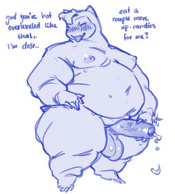 anthro balls blush bodily_fluids foreskin genital_fluids genitals humanoid_genitalia humanoid_penis male masturbation obese overweight overweight_anthro overweight_male penis precum solo standing text kyrosh nintendo pokemon sanco_(kyrosh) generation_1_pokemon pokemon_(species) snorlax english_text