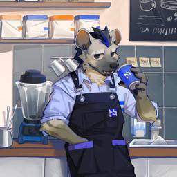 anthro barefoot barista black_hair blue_hair clothing ear_piercing eyebrow_piercing facial_piercing feet fur grey_body grey_fur hair male markings multicolored_body multicolored_fur multicolored_hair piercing solo spots spotted_body topwear two_tone_body two_tone_fur two_tone_hair duolai8 arknights hypergryph studio_montagne spot_(arknights) hyena mammal spotted_hyena 1:1 2026 hi_res
