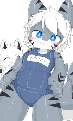 blush blush_lines clothing duo fin male school_swimsuit shark_tail swimwear tentacles text chano changed_(video_game) squid_dog_(changed) tiger_shark_(changed) hi_res japanese_text