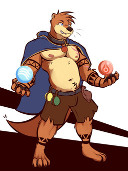 anthro arm_scar armpit_hair bag belly belly_tuft belt black_background black_nose blue_eyes body_hair bottomwear cheek_tuft chest_scar chest_tuft claws cloak clothing collar facial_tuft head_tuft leg_tattoo looking_aside magic_user male membrane_(anatomy) navel nipples orb pecs pink_nipples scar shorts simple_background smile solo standing tail tattoo teeth tuft webbed_hands whisker_spots whiskers white_background ventkazemaru mammal mustelid otter 2025 3:4 full-length_portrait hi_res portrait