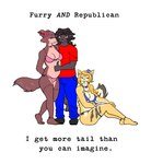 accessory anthro bikini black_text blue_bikini blue_clothing blue_swimwear bottomwear brown_body brown_fur clothing denim denim_bottomwear denim_clothing female flower flower_in_hair fur gesture group hair hair_accessory hand_gesture humor jeans joke looking_at_viewer pants parody pink_bikini pink_clothing pink_swimwear plant politics red_eyes swimwear text thumbs_up trio two-piece_swimsuit sepulturegirl beastars mihoyo republican zenless_zone_zero juno_(beastars) pulchra_fellini sophia_(sepulture_girl) canid canine canis domestic_cat felid feline felis mammal wolf hi_res reaction_image trans_(lore) trans_woman_(lore)