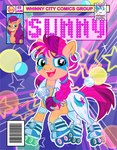 barcode blue_eyes clothing cutie_mark disco disco_ball ear_piercing female feral fictional_magazine_cover hair inline_skates makeup piercing purple_hair quadruped roller_skates pixelkitties friendship_is_magic hasbro mlp_g5 my_little_pony princess_celestia_(mlp) sunny_starscout_(mlp) earth_pony equid equine horse mammal pony cover magazine_cover