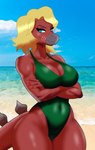 anthro beach big_breasts blonde_hair blue_eyes blue_sky breasts claws cleavage clothed clothing crossed_arms crossgender curvy_anthro curvy_female curvy_figure day eyelashes female finger_claws glistening glistening_body glistening_scales green_one-piece_swimsuit hair huge_hips huge_thighs kiss_mark long_tail looking_at_viewer mouth_scar mtf_crossgender one-piece_swimsuit outside photo_background red_body red_scales scales scratch sea seaside sky snout solo spiked_tail spikes spikes_(anatomy) swimwear tail text thick_thighs voluptuous voluptuous_anthro voluptuous_female water wide_hipped_anthro wide_hipped_female wide_hips garavakarian cavemanon_studios snoot_game fan_character vladeshka_(jad1gaming) dinosaur ornithischian prehistoric_species reptile scalie stegosaurian stegosaurus thyreophoran 2024 digital_drawing_(artwork) digital_media_(artwork) hi_res photography_(artwork)