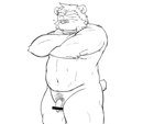 anthro balls belly bodily_fluids censor_bar flaccid foreskin genitals humanoid_genitalia humanoid_penis ineffective_censorship kemono long_foreskin male navel overweight overweight_anthro overweight_male penis simple_background solo sweat white_background oogamikennta bear mammal 2018 4:3 censored monochrome