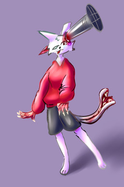 anthro arm_gore blood bodily_fluids bone clothing exposed_bone exposed_muscle exposed_tendons flayed forked_tail fur gore hoodie impalement male nail_through_head open_mouth penetration red_clothing red_hoodie red_topwear severed_body_part severed_tail skeleton solo standing tail tongue tongue_out toothy_grin topwear unusual_anatomy unusual_tail white_body white_fur not_for_bread felid feline mammal 2:3